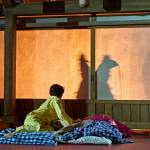 Satsuki (Ami Okumura Jones) wearing yellow pajamas and looking at a shadow of Totoro as Mei (Victoria Chen) sleeps next to her.